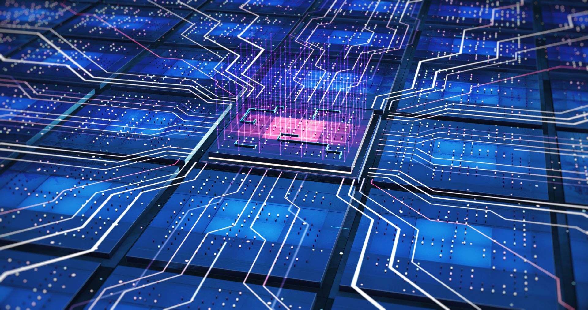 A glowing central processor connected by vibrant blue digital circuit lines on a dark, technical grid background.