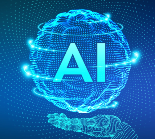 Blue glowing AI text inside a digital globe above a holographic hand on a dark tech background