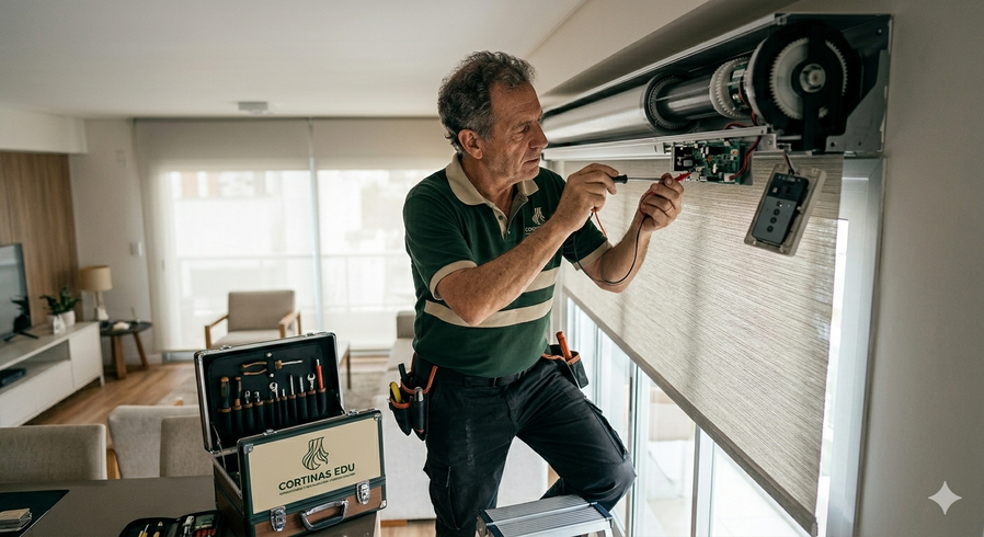 Hombre instalando un toldo retráctil en el interior de una luminosa sala de estar.