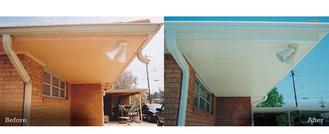 A before and after picture of a porch on a brick house.