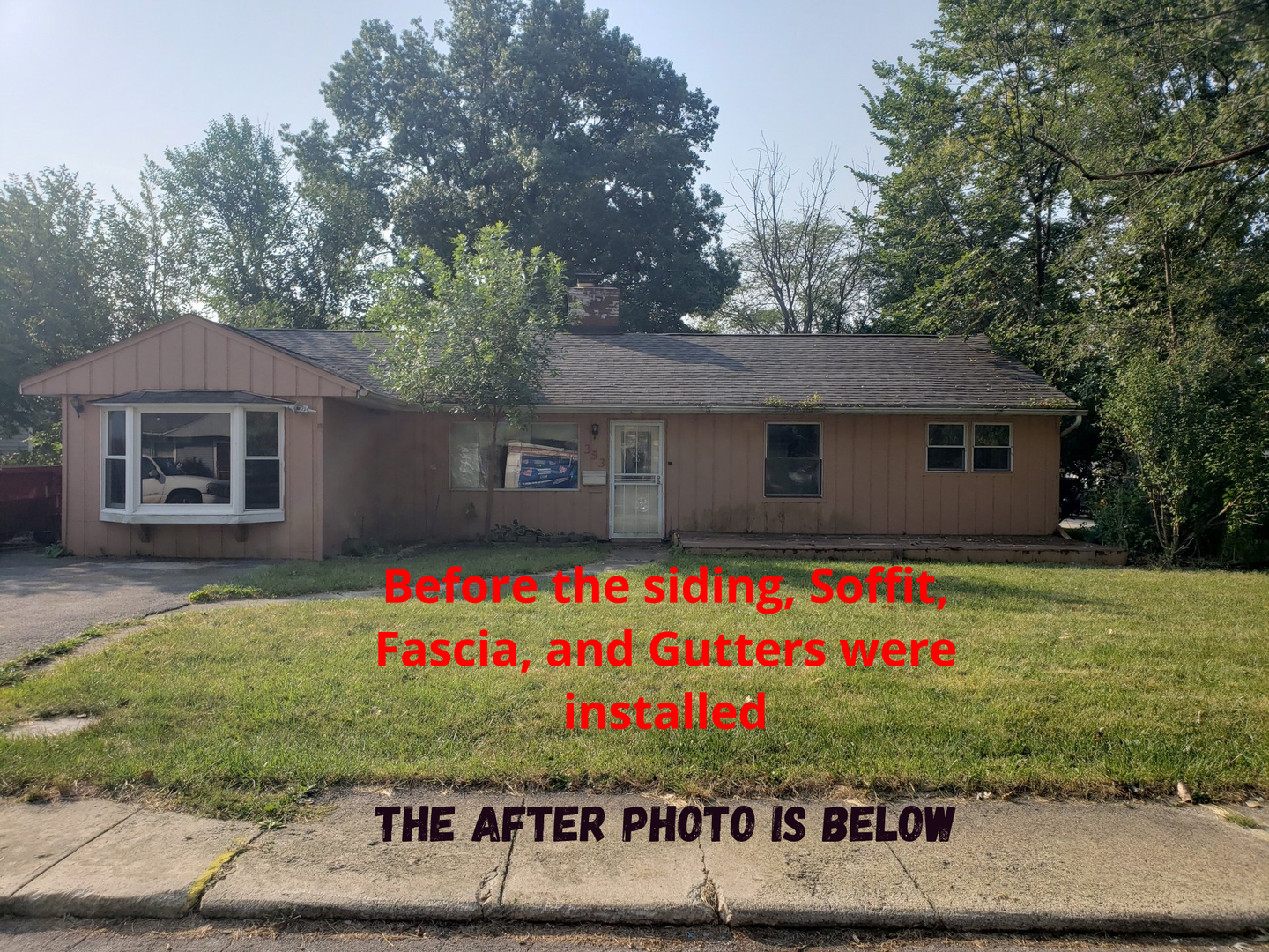 A before and after photo of a house with fascia and gutters installed.