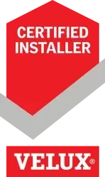 A red, house-shaped badge with a white checkmark featuring the text 