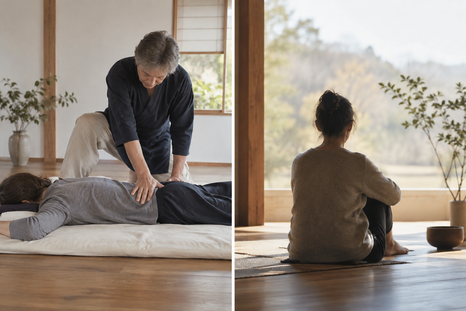 Shiatsu treatment with practitioner applying gentle pressure