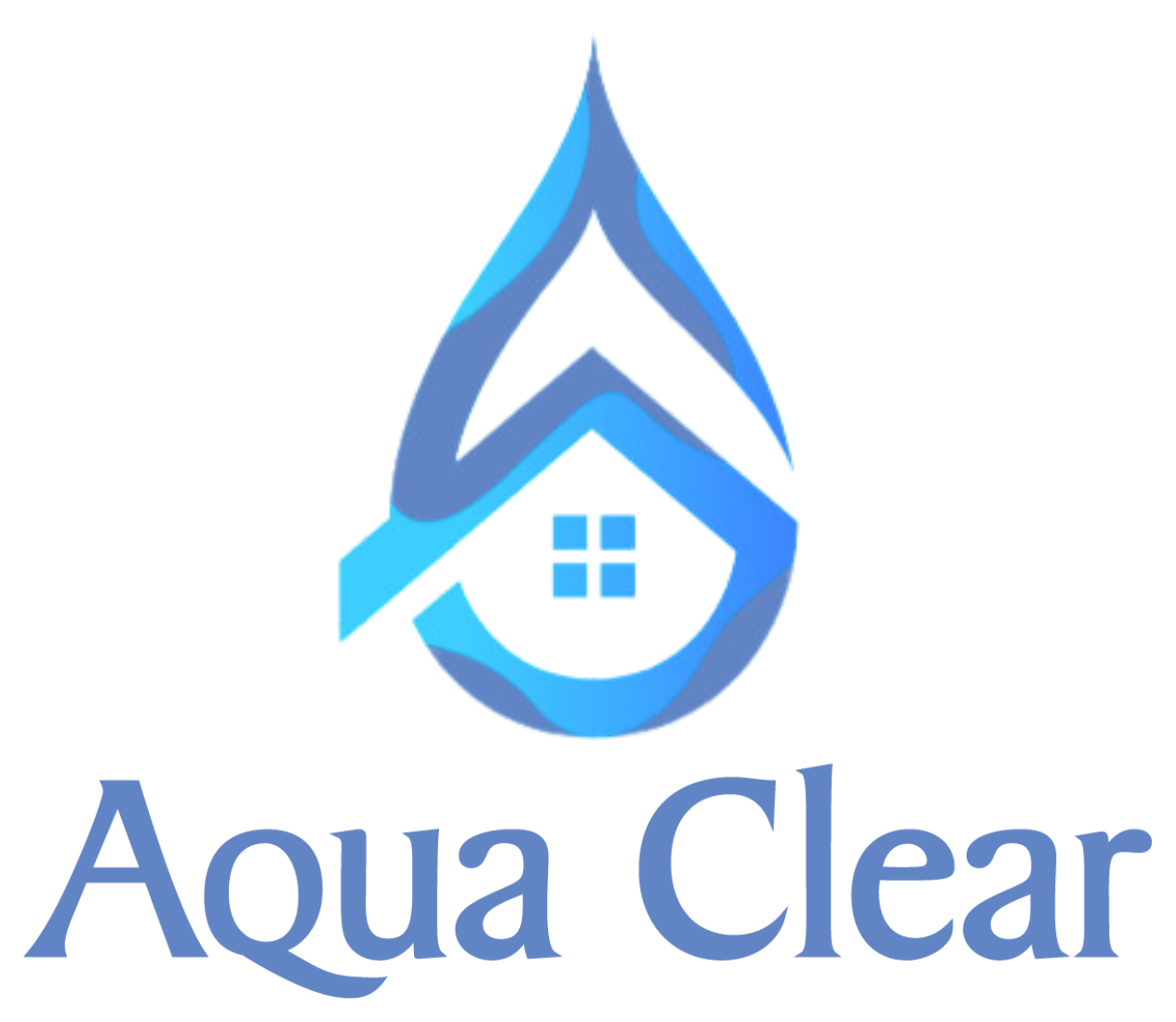 A logo for aqua clear with a house in a drop of water