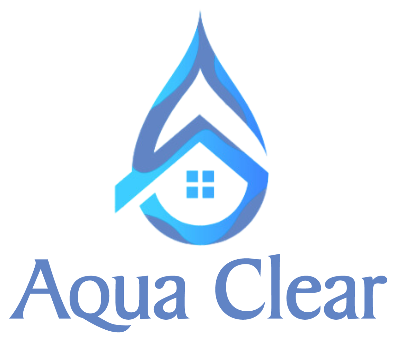 A logo for aqua clear shows a house in a drop of water