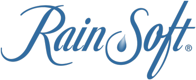 The rain soft logo is blue and has a drop of water on it.