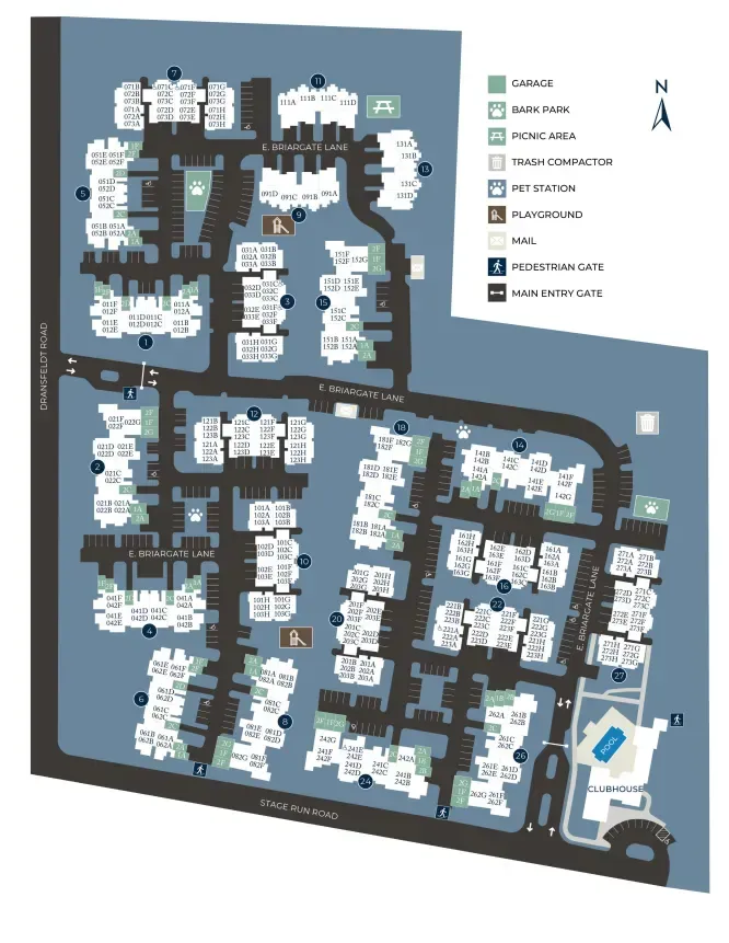 Apartment complex site map with building layout, roads, amenities, and north arrow on a gray background