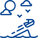 blue icon of jet ski in water with sun