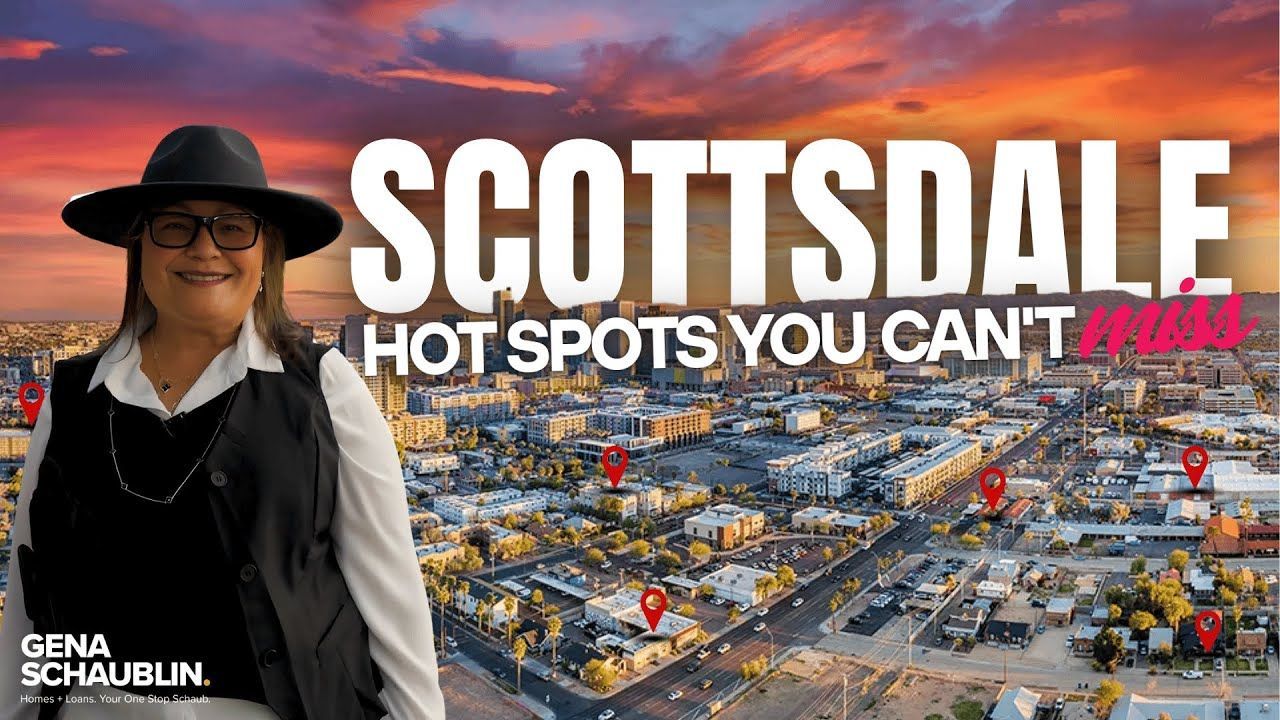 Scottsdale city skyline at dusk with a woman in black hat and vest; text reads “HOT SPOTS YOU CAN’T MISS.”