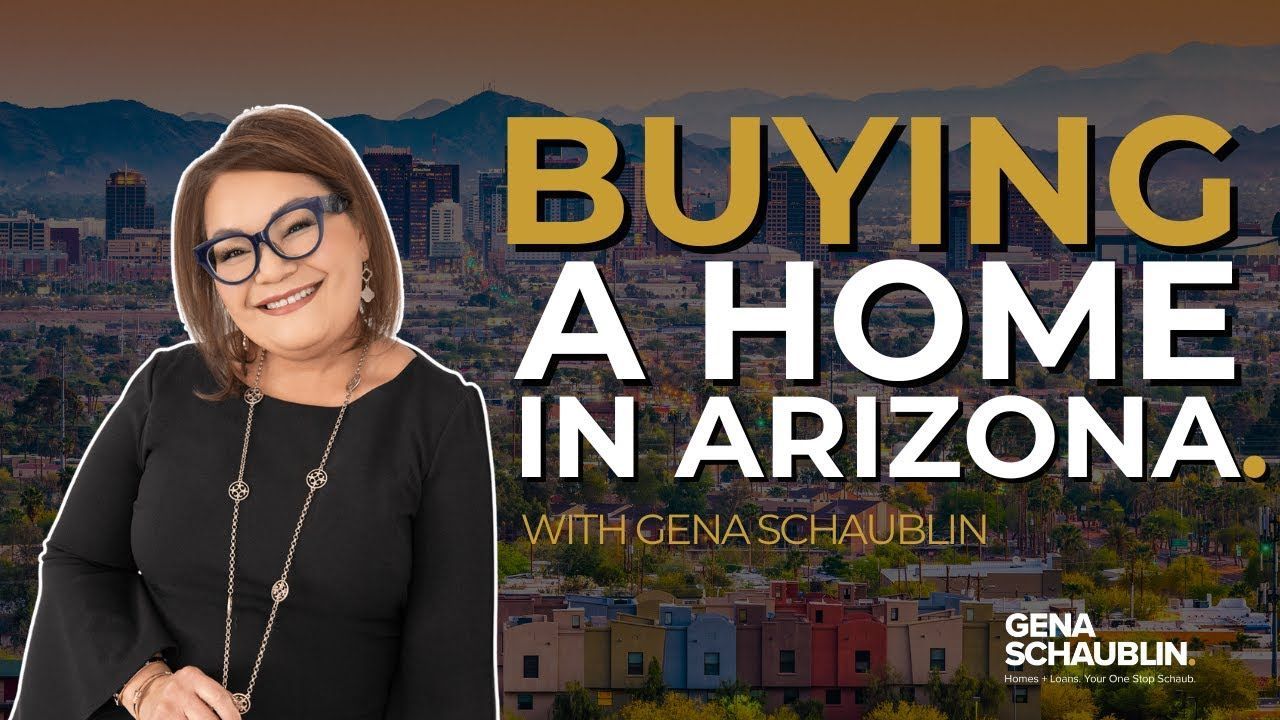 Woman beside text “BUYING A HOME IN ARIZONA” over a desert cityscape background