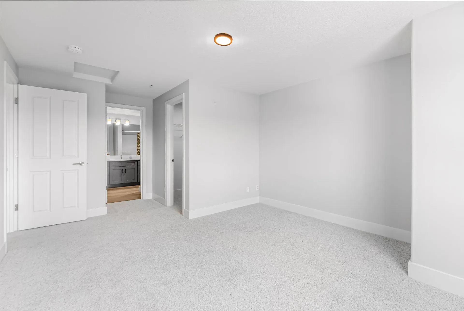 Bedroom with light gray walls, white trim, and plush carpet; doorway opens to a bathroom vanity area.