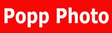 A red background with white text that says popp photo