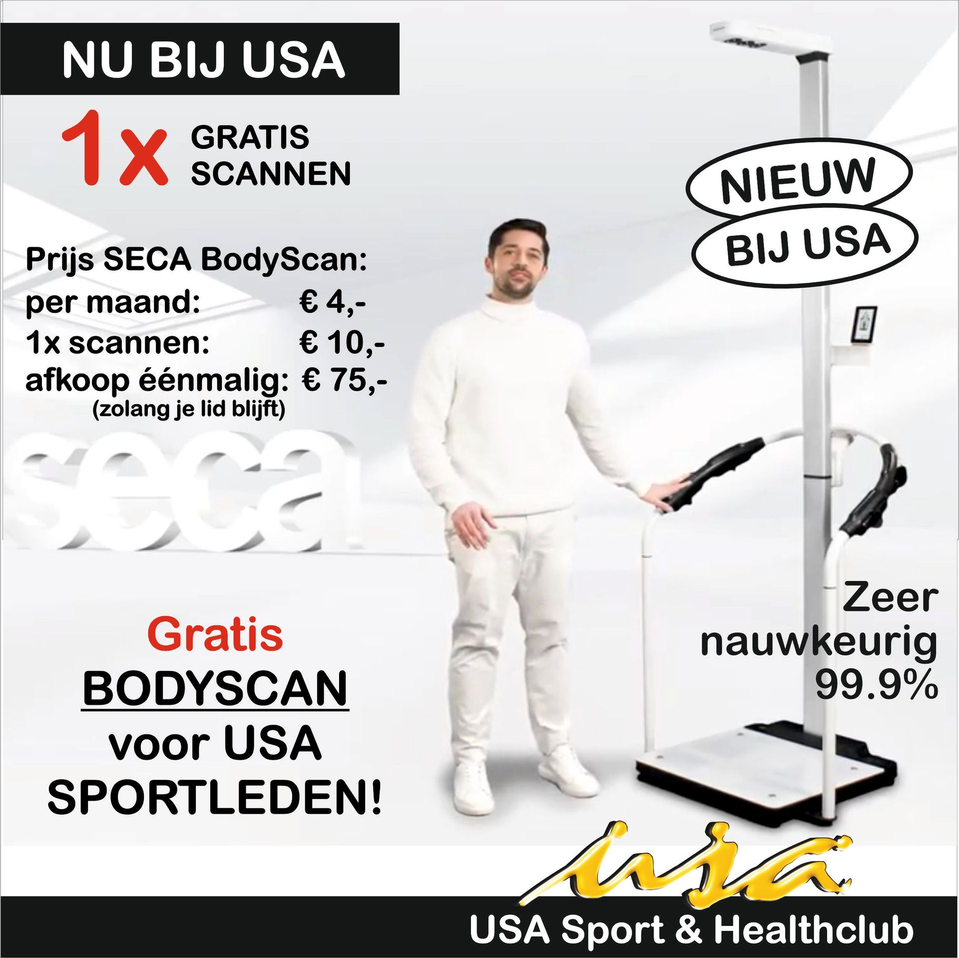 Een man staat naast een weegschaal van een Amerikaanse sport- en gezondheidsclub
