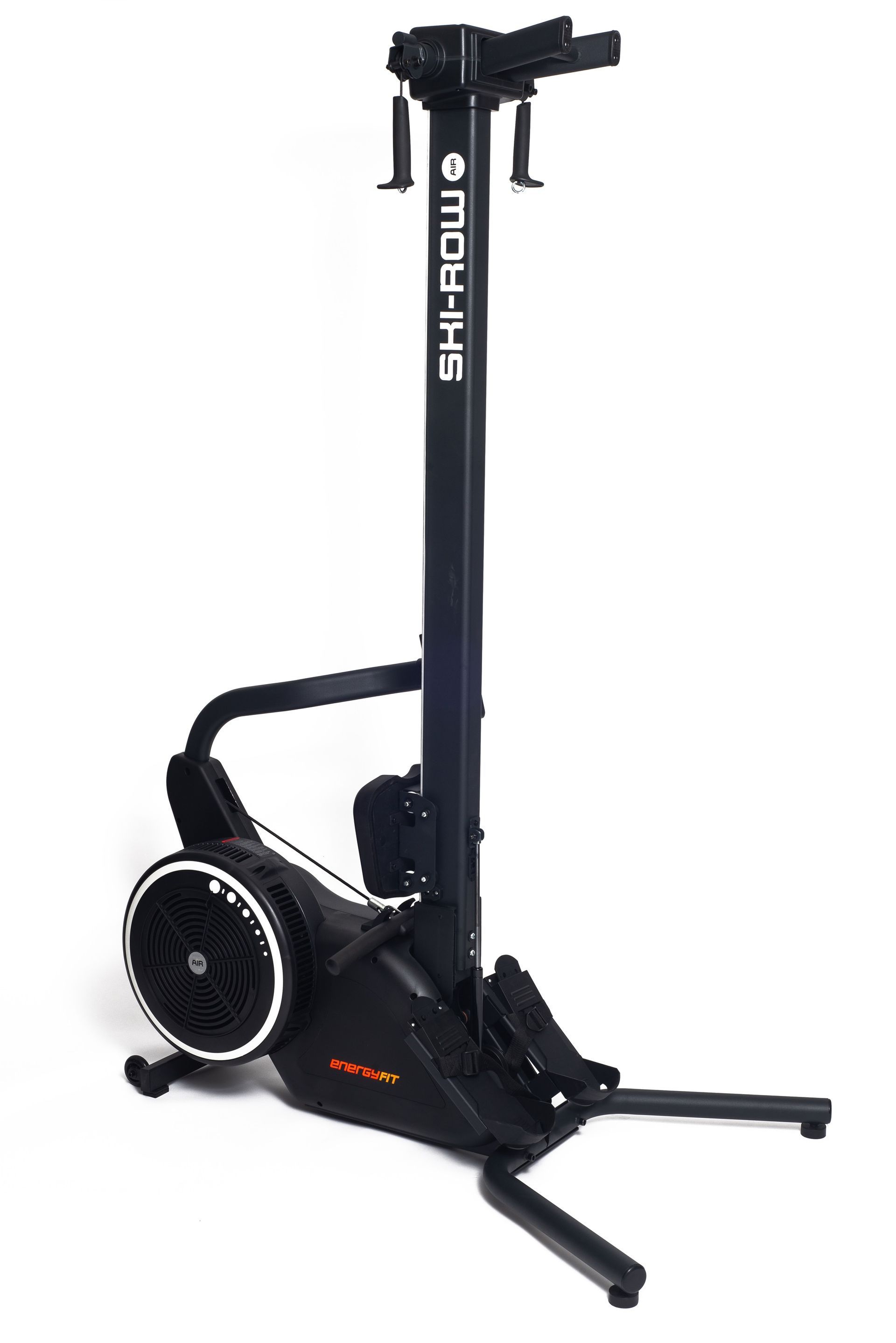 Een zwarte fitnessmachine staat op een wit oppervlak.