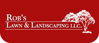 Rob’s Lawn & Landscaping LLC logo on a red background with white text and a tree graphic