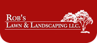 Rob&rsquo;s Lawn & Landscaping LLC logo on a red background with white text and a tree graphic