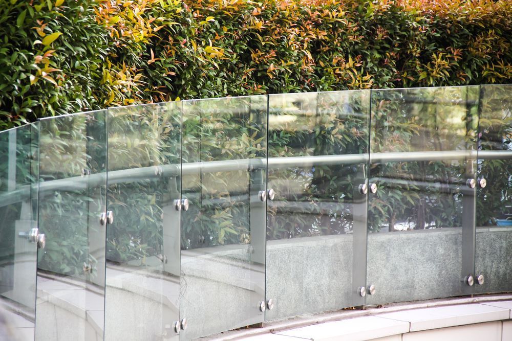 A Glass Fence With a Metal Railing is Surrounded by Trees — Top Shelf Glass Pool Fencing & Balustrading in Beenleigh, QLD