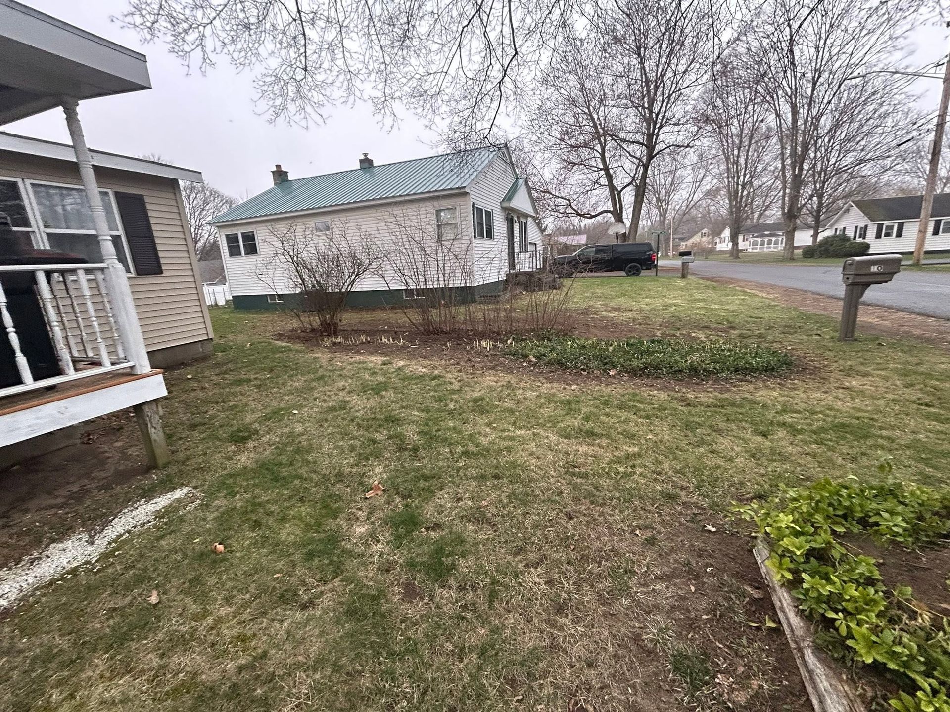 Backyard with patchy grass, bare trees, and houses in a quiet suburban neighborhood