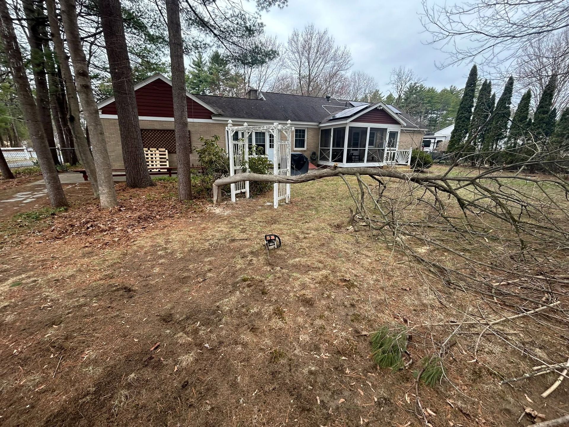 Rural yard with a red house, white gazebo, and fallen tree branch on brown grass under cloudy skies