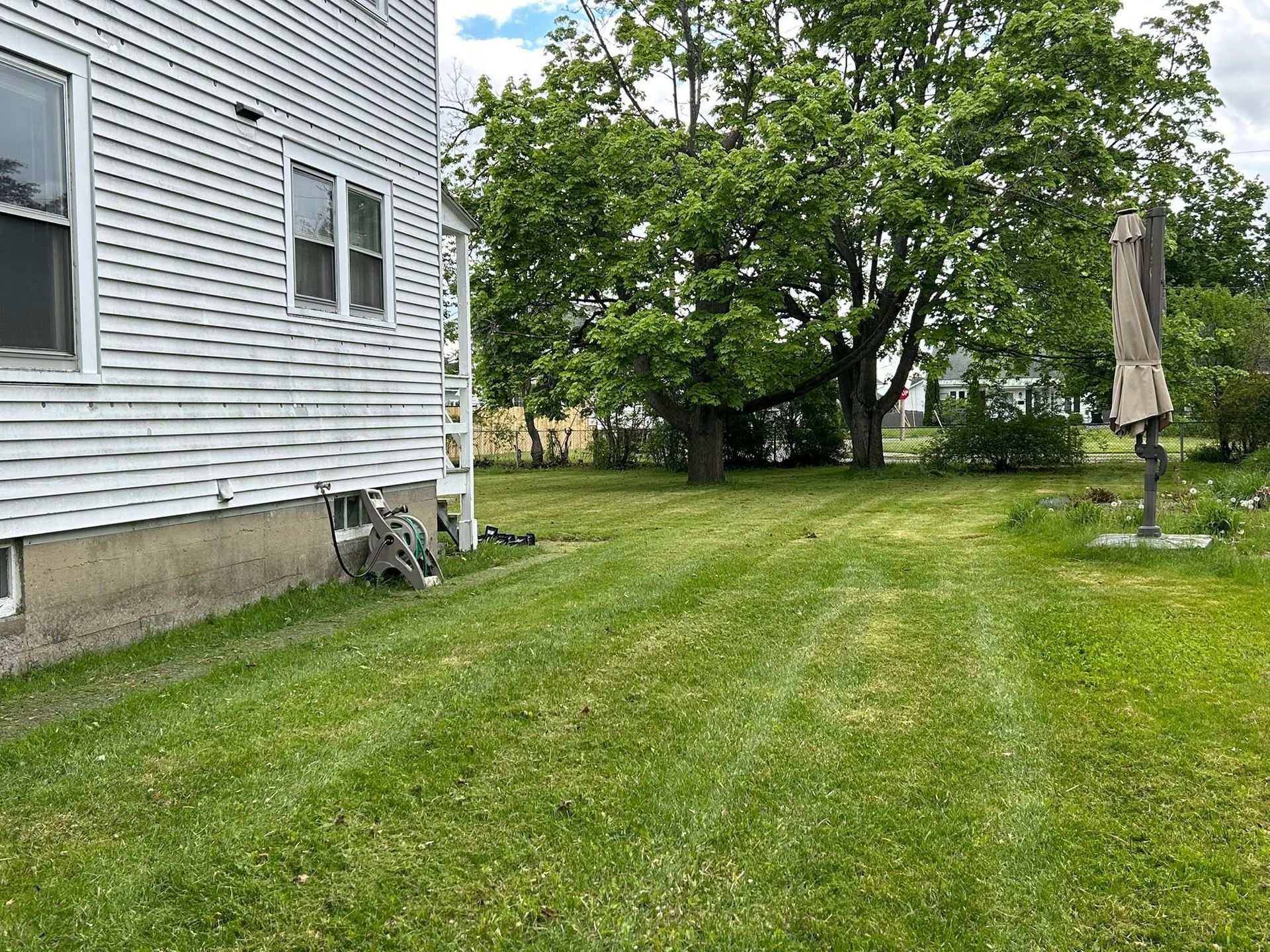 Backyard lawn beside a white house, with trees and a patio umbrella in the distance