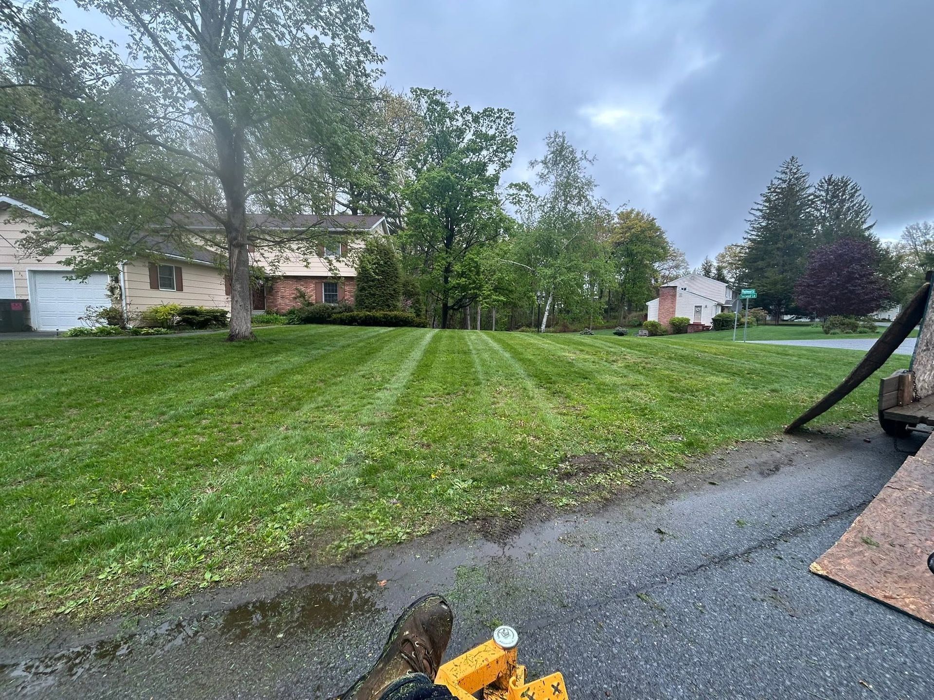 Suburban backyard with a mowed lawn, trees, houses, and a driveway under a cloudy sky.