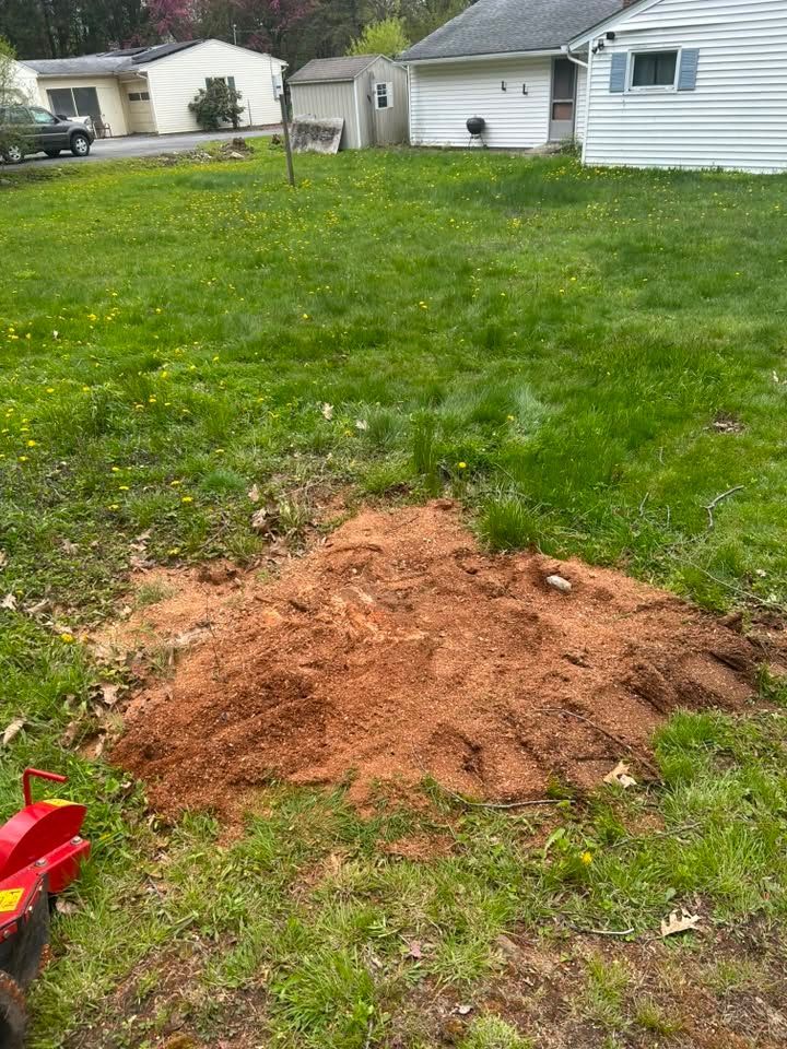Pile of red dirt on a grassy yard with houses in the background