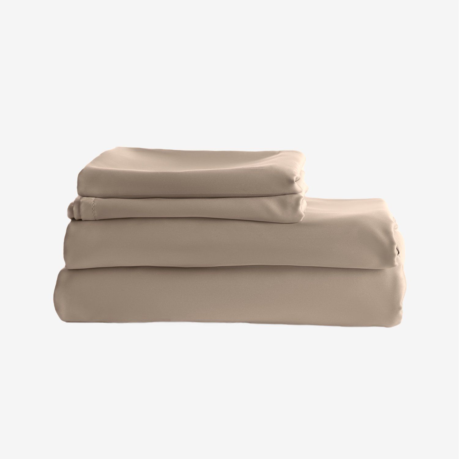 Folded beige bed sheet set.