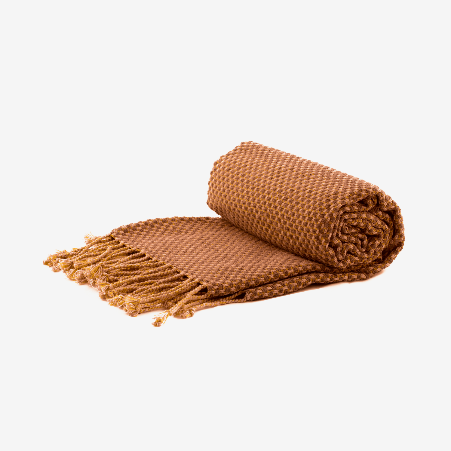 Brown woven blanket rolled up with fringe.