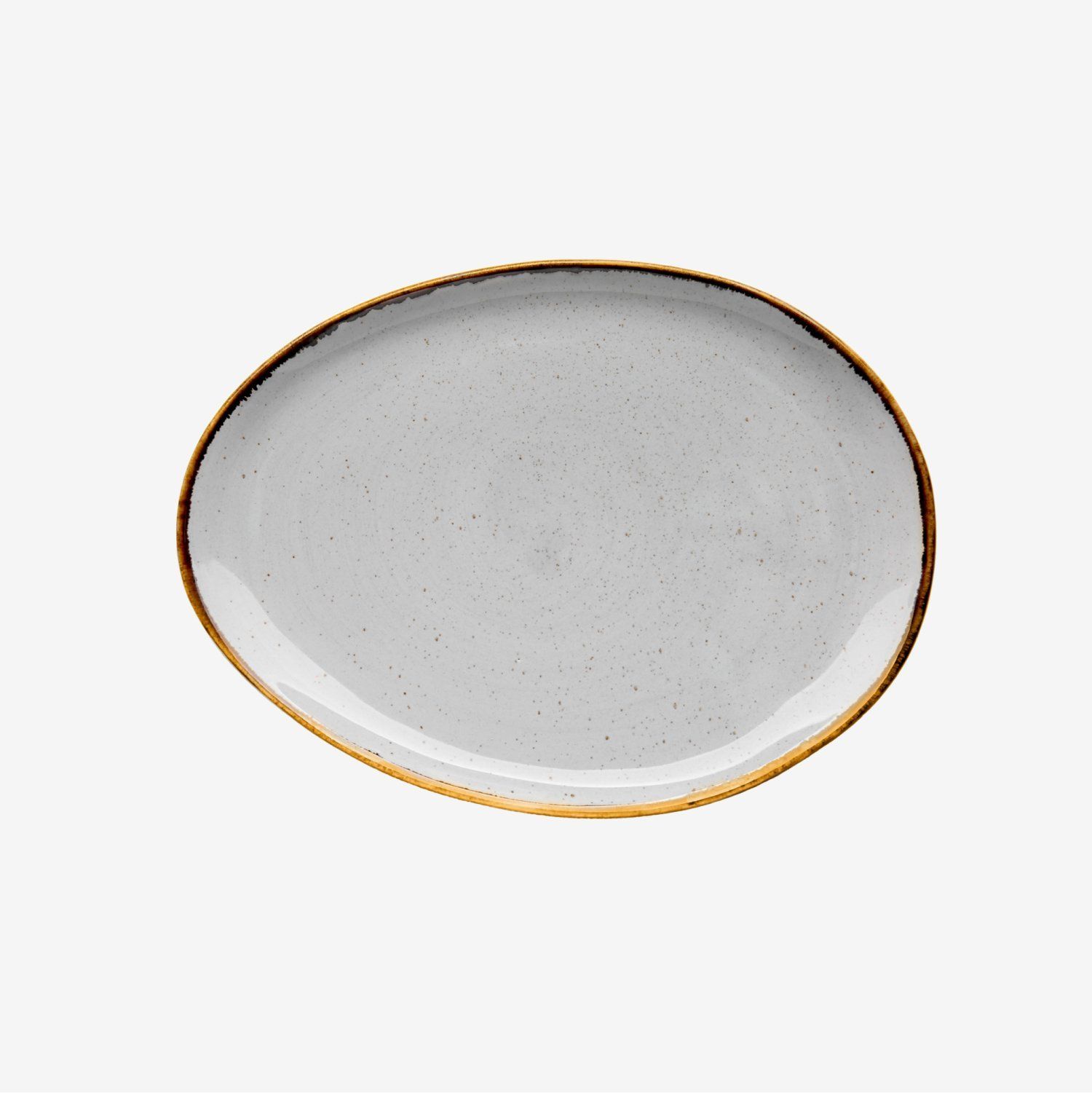 Oval-shaped gray plate with a golden rim.