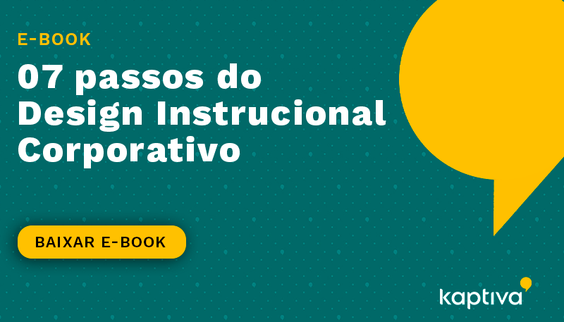 Capa do e-book: 7 etapas do design instrucional corporativo, botão de download amarelo, fundo verde-azulado.