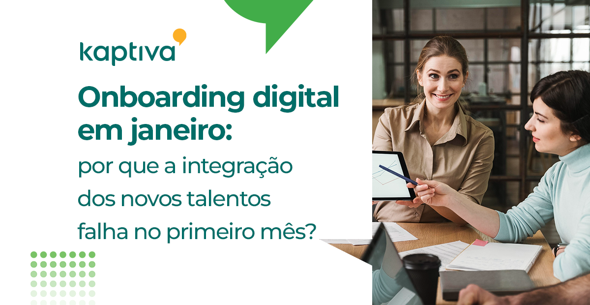 Duas mulheres sentadas à mesa, olhando para um tablet, com um texto sobre integração digital em janeiro.
