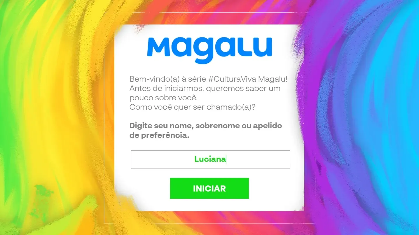 Tela de login do Magalu com logotipo, texto de entrada, campo de entrada e botão verde 
