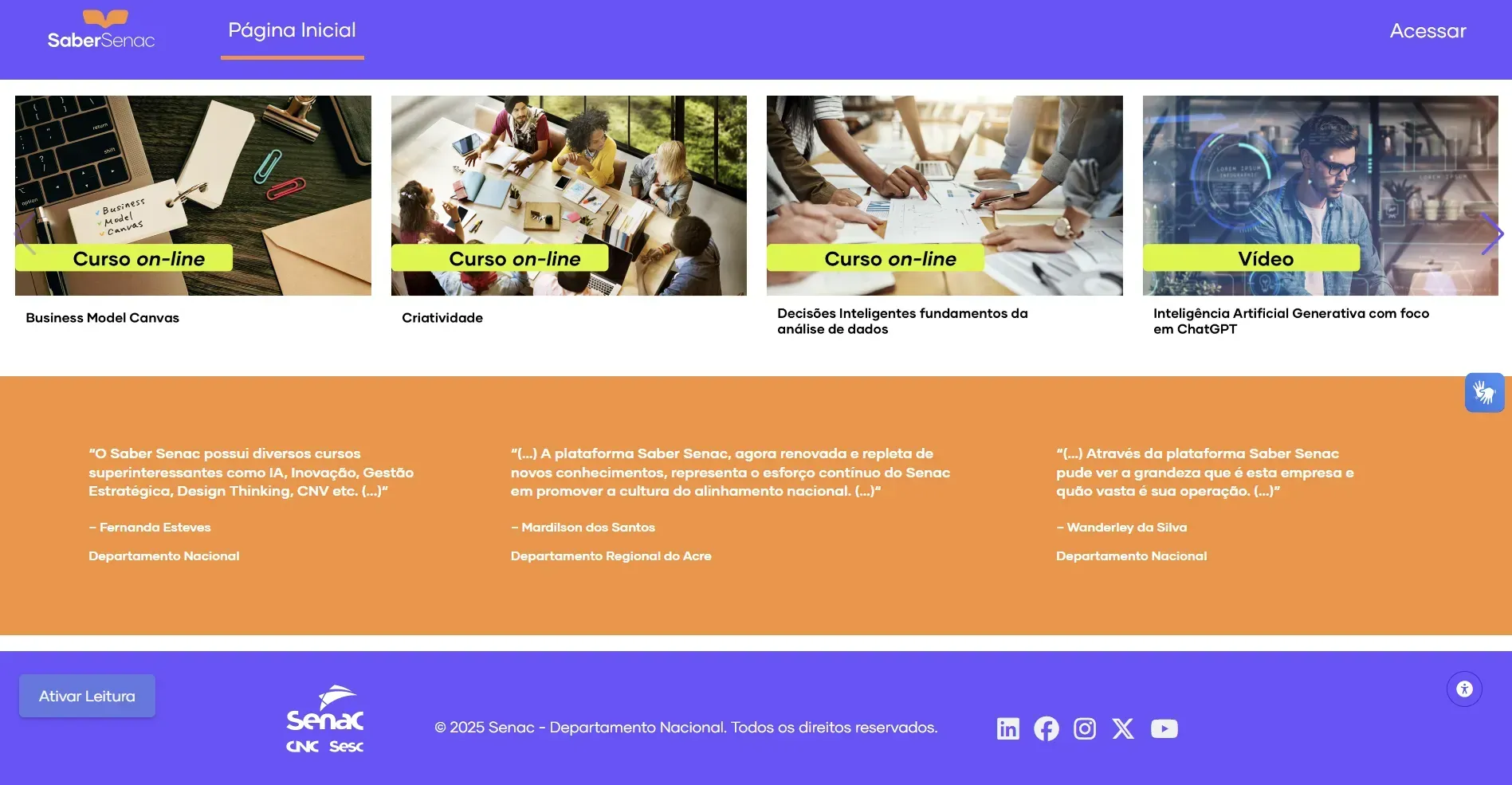 Página inicial do site com quatro seções:
