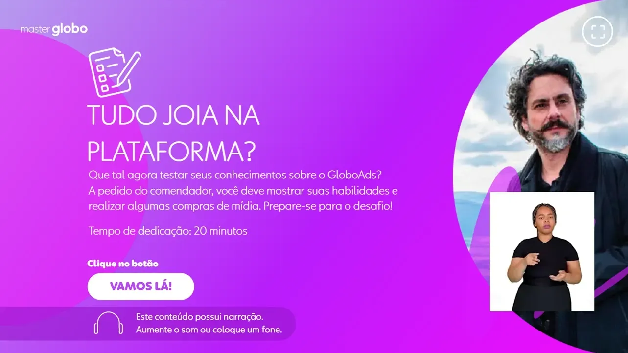 Anúncio roxo de uma plataforma com um homem barbudo e um intérprete de língua gestual. O texto pergunta: 