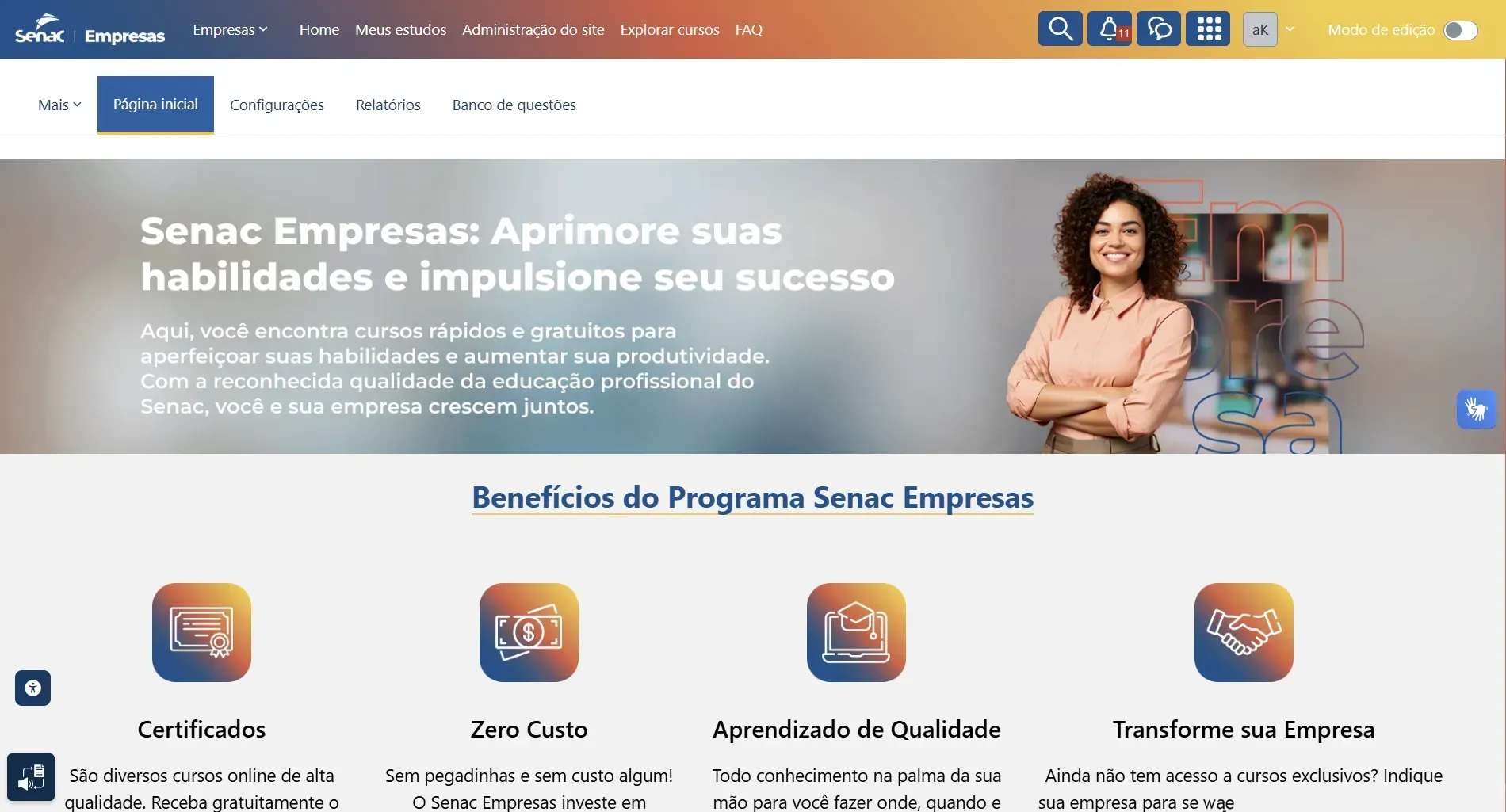 Página inicial da Senac Empresas: Mulher sorrindo perto de um banner com texto e logotipo. Seção de benefícios abaixo.