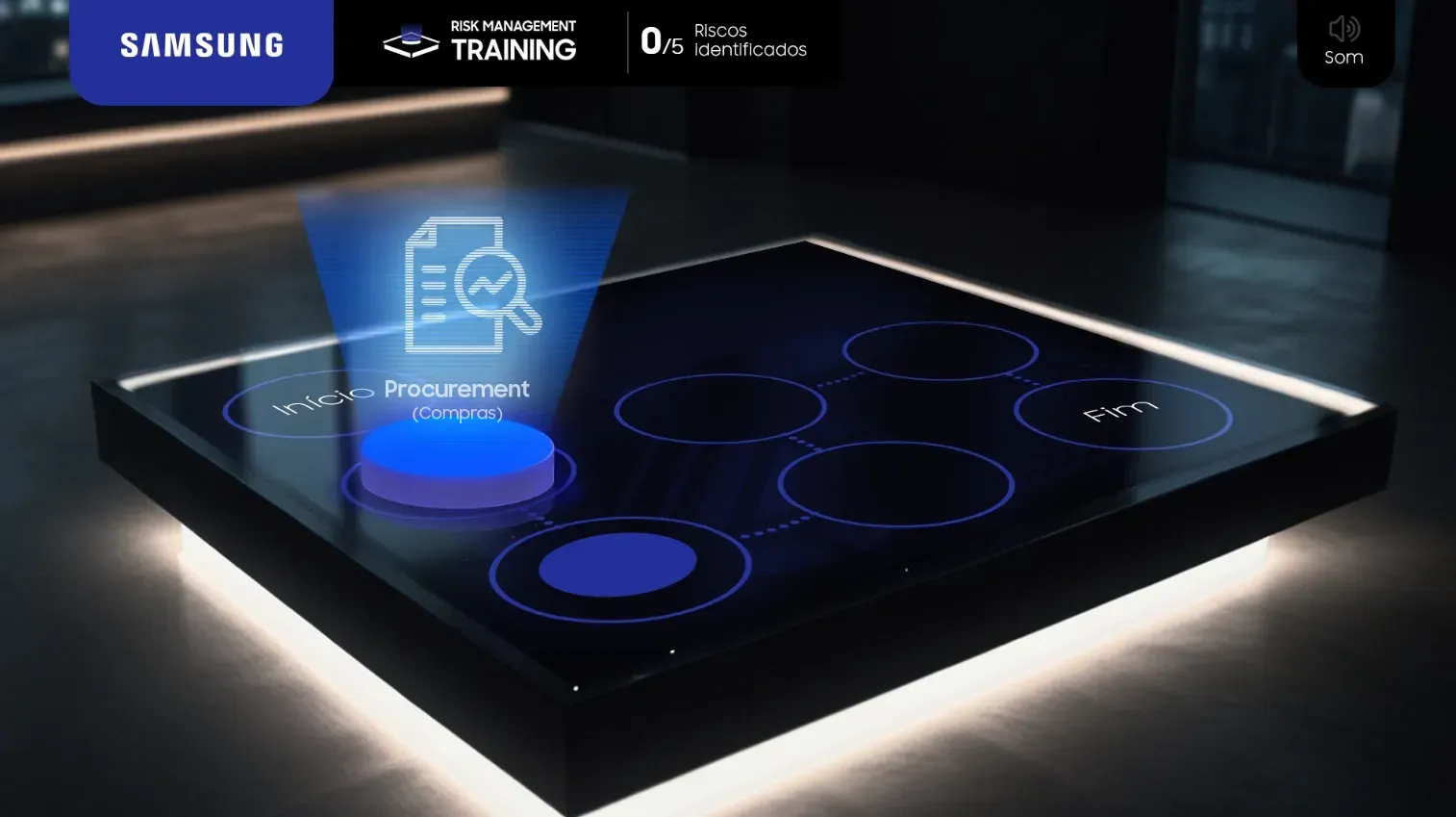 Dispositivo Samsung com documento holográfico, em ambiente interno, moderno.