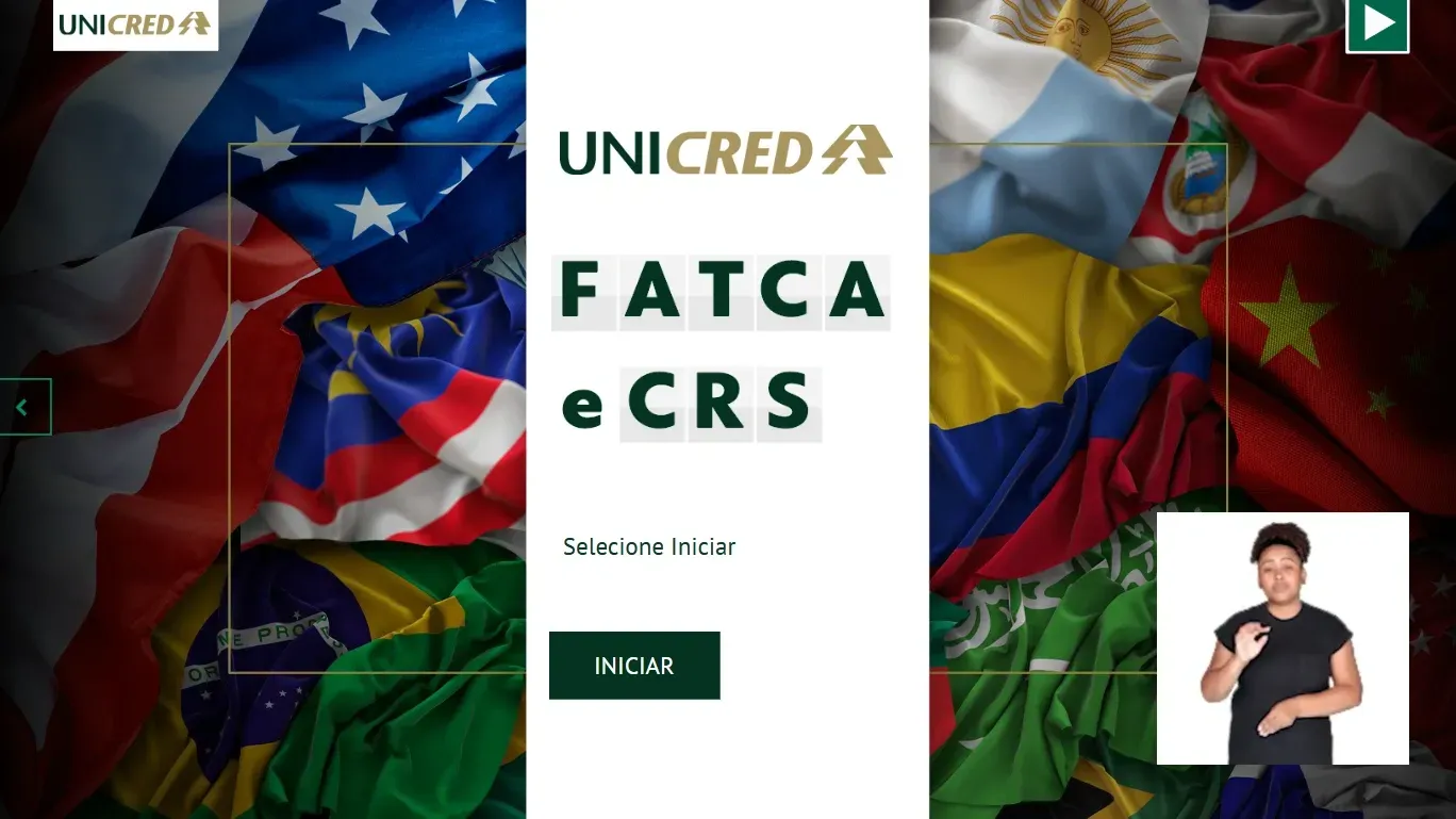 Apresentação do Unicredit FATCA e CRS com bandeiras. Homem gesticulando no canto. Botão verde com a inscrição 