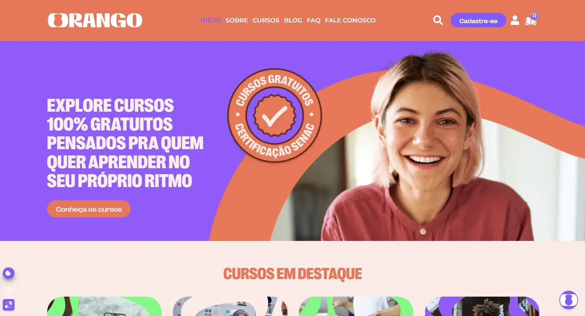 Banner do site com uma pessoa sorridente, texto e a palavra