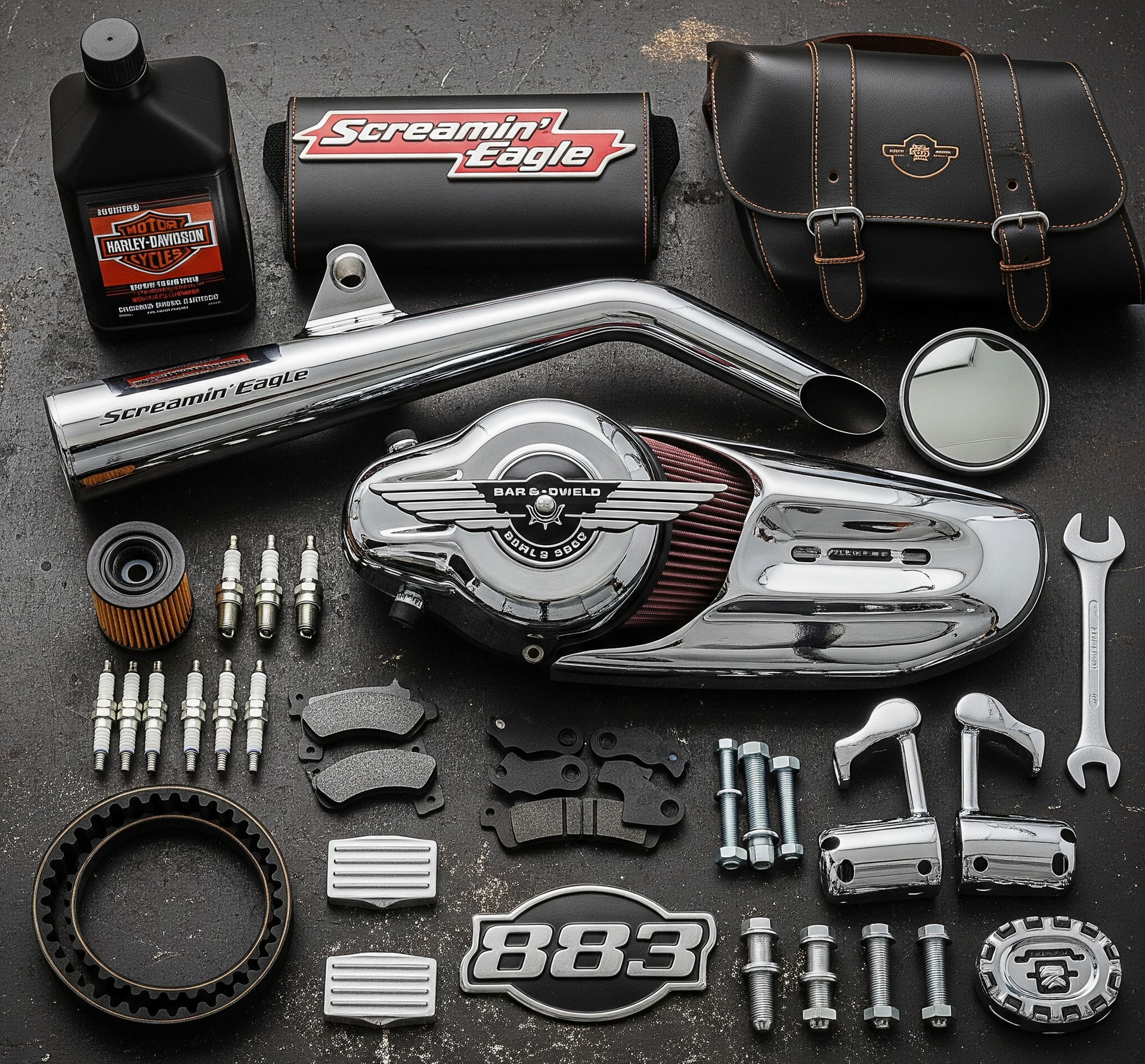 Parti di motocicletta disposte su una superficie scura, tra cui scarico cromato, filtro dell'aria, viti e olio, insieme a una borsa laterale in pelle.
