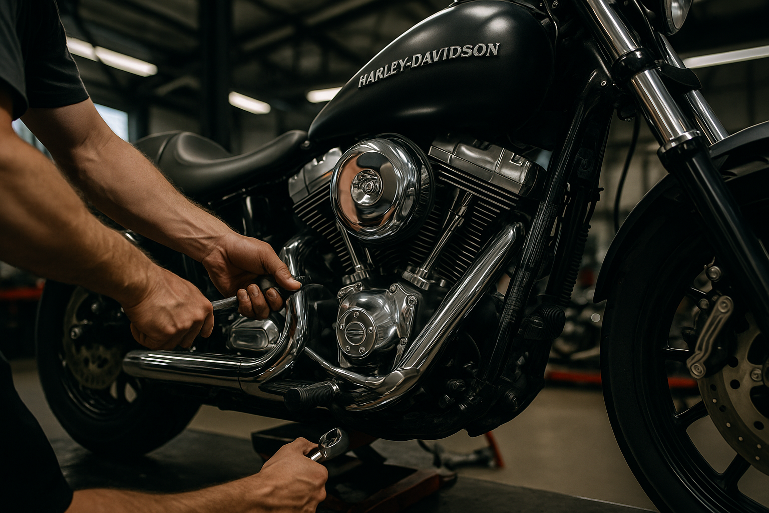 Meccanico al lavoro su una motocicletta Harley-Davidson nera in un garage, utilizzando una chiave inglese.