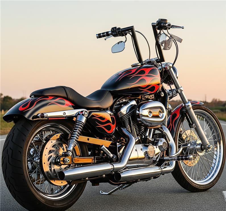 Motocicletta Harley-Davidson verniciata in nero e rosso fiamma, parcheggiata su una strada al tramonto. Presenta dettagli cromati e manubrio Ape Hanger.