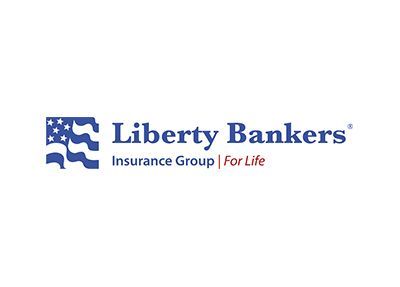 Liberty Bankers Insurance Group logo in blue with American flag icon and “For Life” tagline