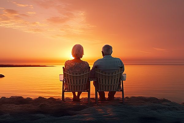 Two people sit in chairs by the water at sunset, facing a glowing orange horizon.