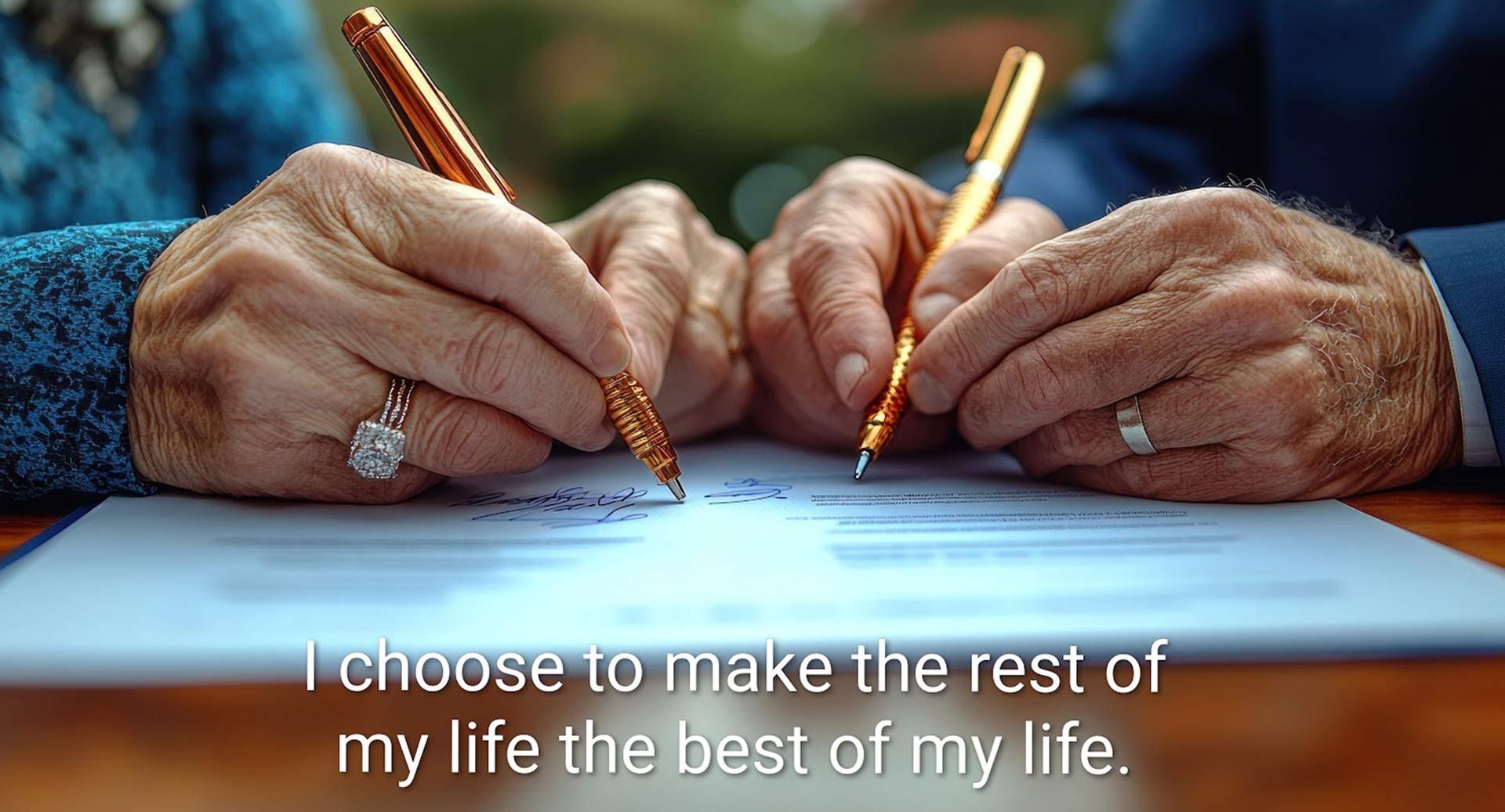 Hands writing with pens on paper beside the quote, “I choose to make the rest of my life the best of my life.”