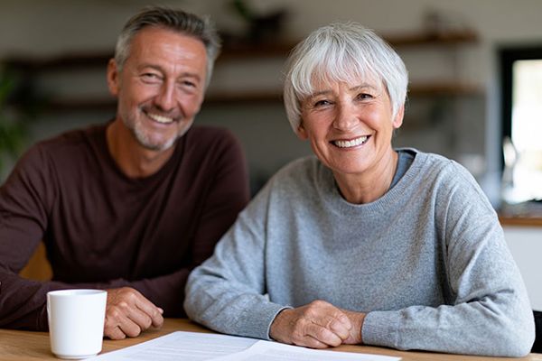 Two smiling people sit at a table with a white mug and papers in a bright room.