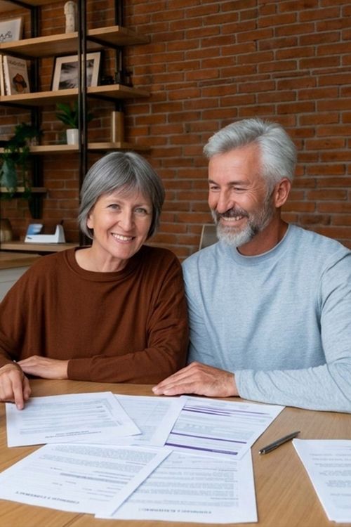 Smiling couple reviewing paperwork at a table in a brick-walled office