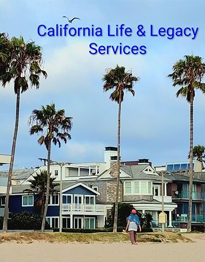 California Life & Legacy Services sign over beachfront houses and palm trees