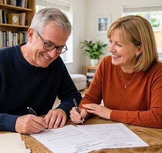 Two people smiling and signing a document at a table in a bright room