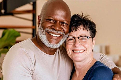 Two smiling people in a warm indoor setting, embracing closely.