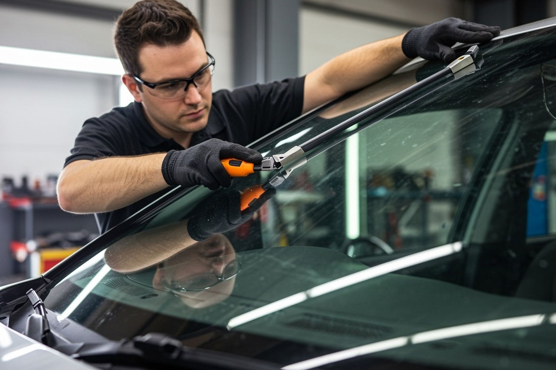 Technician polishing a car windshield with a buffer in a workshop